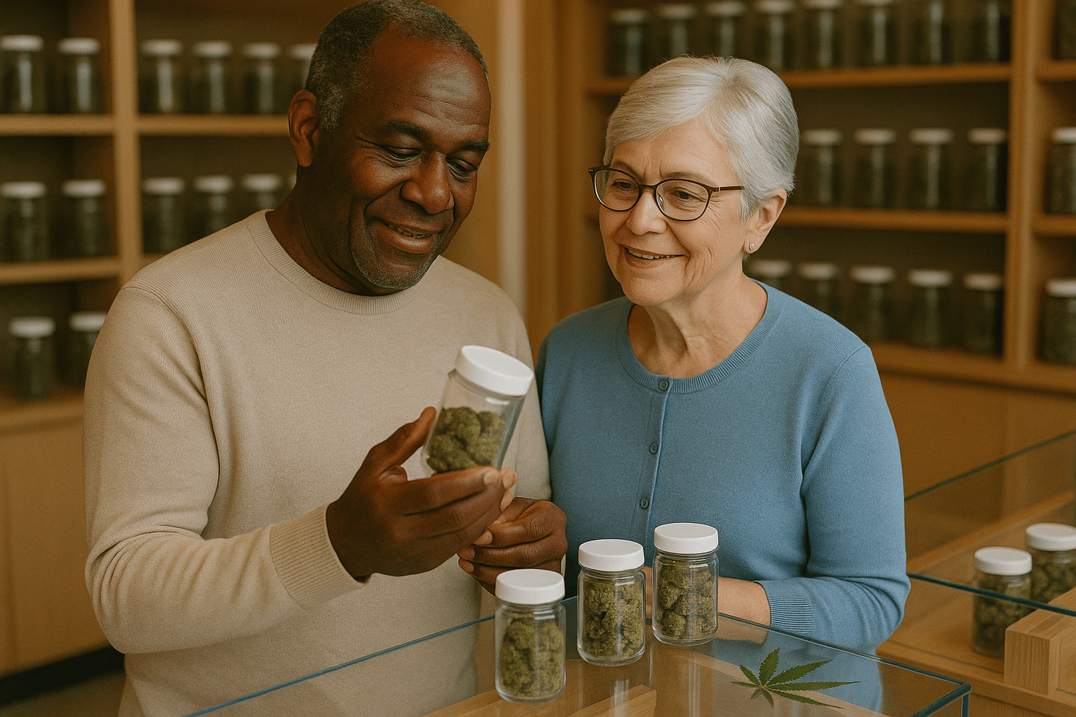baby boomers look at cannabis in a dispensary Primitiv