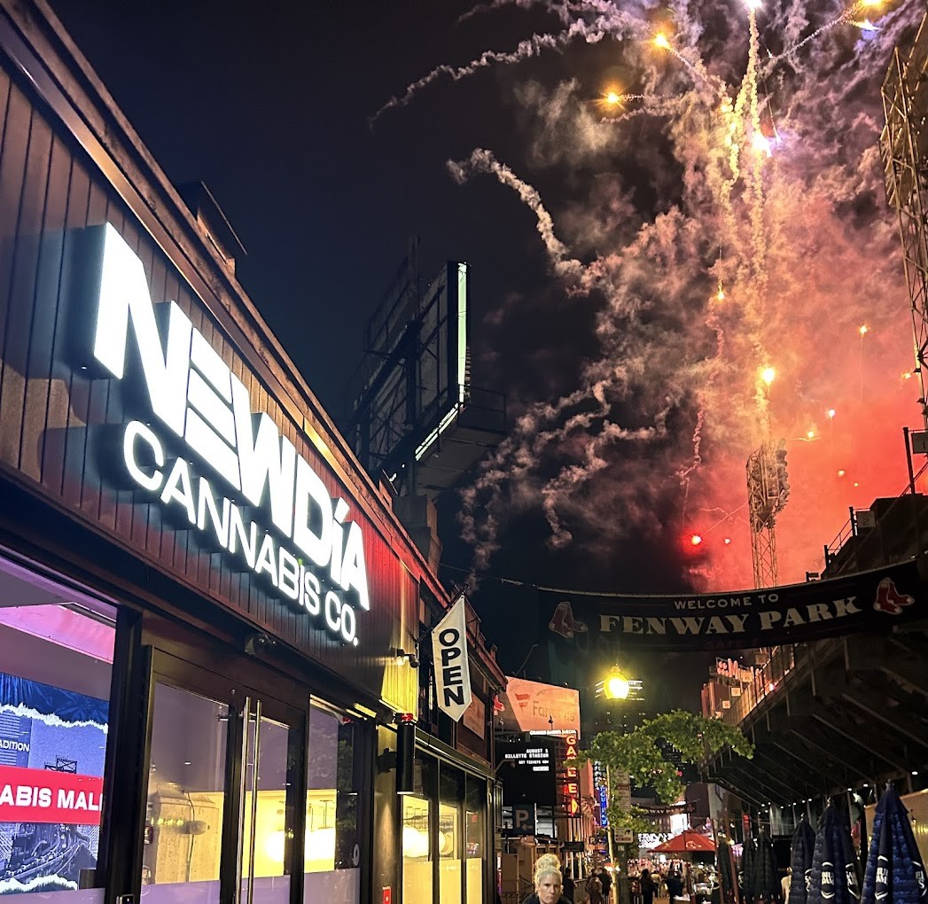 Nighttime street scene outside Fenway Park with fireworks in the sky; a lit Newdia Cannabis Co. storefront sign is visible on the left.