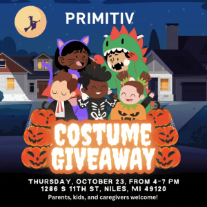 Graphic for Primitiv's Costume Giveaway featuring cartoon kids and setting